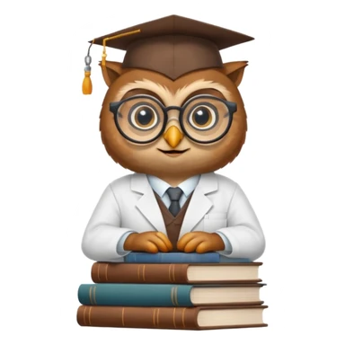 Wise owl with glasses, wearing a lab coat, perched on a stack of books. sticker