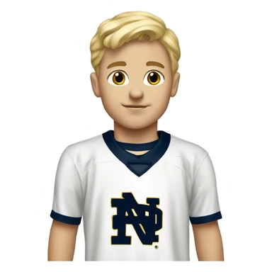 A blonde haired kid wearing a notre dame jersey sticker
