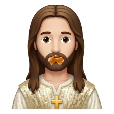 Jesus Christ with long brown hair, ivory sequin outfit sticker
