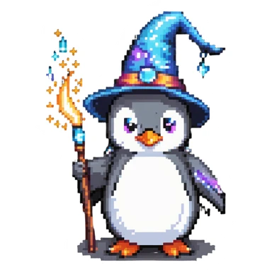 a penguin wizard casting a spell with sparkles sticker