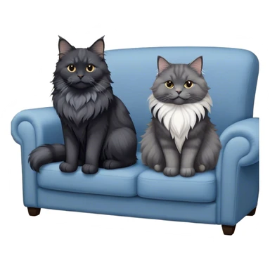 A large black smoke Maine Coon cat with long grey ear tufts and a fluffy grey ruff, sitting next to a chubby British Shorthair cat in blue color with plush fur, both sitting comfortably on a sofa. Beautiful room background with flowers and soft lighting. Transparent background. sticker