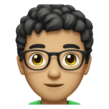 Young boy with black hair green eyes and black glasses wearing a white T-shirt sticker