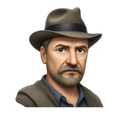 Russian writer Alexander Kuprin Photorealism A plump serious man of Slavic appearance with Small eyes with goatee beard and mustache, with a  short haircut, big detailed face, wrinkled face, wearing a fedora hat sticker