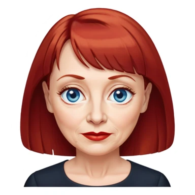 Older woman in her early 60s with fair skin, wider oval face, noticeable age lines, blue eyes, thin eyebrows, small nose, red lips, dark red hair with straight bangs, wearing a black blouse sticker