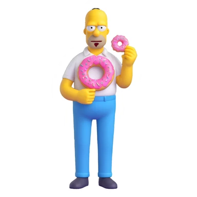 Homer Simpson 3D cartoon style, yellow skin, white shirt, blue pants, bald with two hairs on top, holding a pink donut sticker