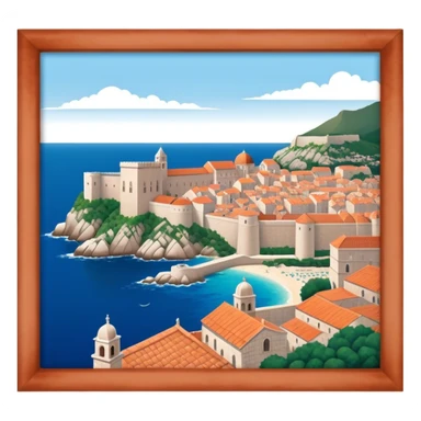 Cinematic Realistic Dubrovnik Landmark Emoji, showcasing the historic walled city with its terracotta rooftops, stone fortifications, and the deep blue Adriatic Sea stretching beyond. sticker
