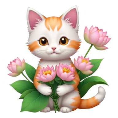 Kitten holding a bouquet of lotus flowers sticker
