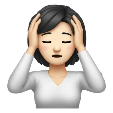 Headache, middle-aged Korean woman in her 40s, with only one hand on her head, painful face, black hair sticker