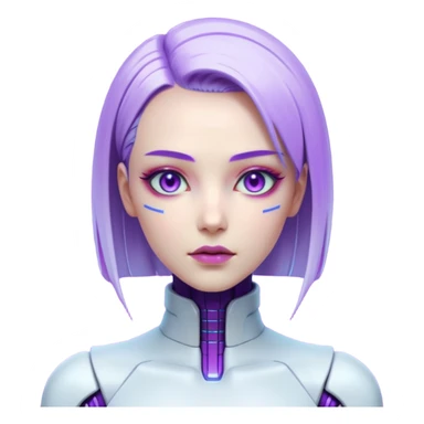 Cyberpunk female android, perfect porcelain skin, glowing artificial eyes, visible faint seams on neck, sleek metallic hair, expressionless, vibrant violet lighting sticker