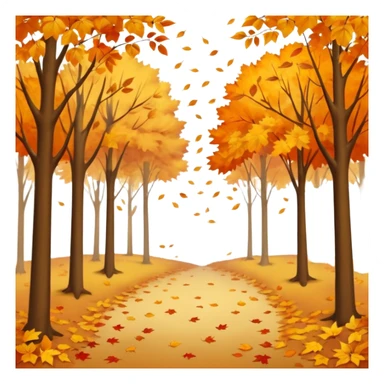 A peaceful autumn scene with golden and orange leaves gently falling from tall trees, soft sunlight filtering through the branches, leaves covering the ground, a gentle breeze in the air, cinematic atmosphere, warm color tones, 4K, ultra detailed, hyperrealistic, dreamy fall season landscape sticker
