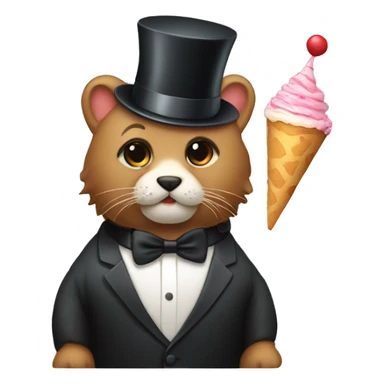 An animal with a party hat wearing a tuxedo with a peice of cake sticker