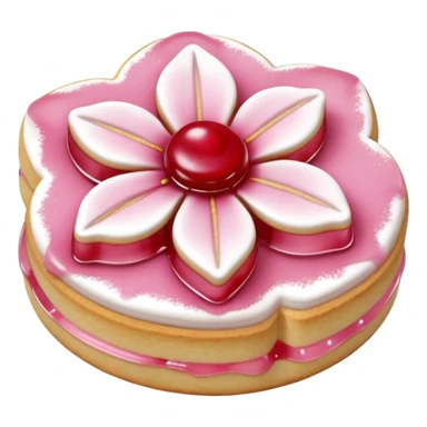 Realistic shortbread cookie in the shape of a cherry blossom with pale pink color jelly middle filling and sprinkled powder sugar on top. sticker