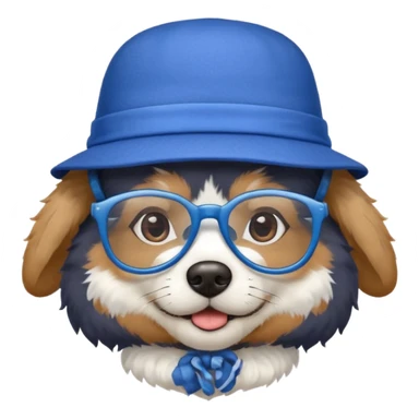 A dog with big glasses with a blue small hat sticker