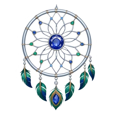 a Silver Dreamcatcher with sapphire-stones and emerald-stones, and with peacock-feathers. Big sapphire gem in the middle. Many tiny emerald gems around it.   sticker