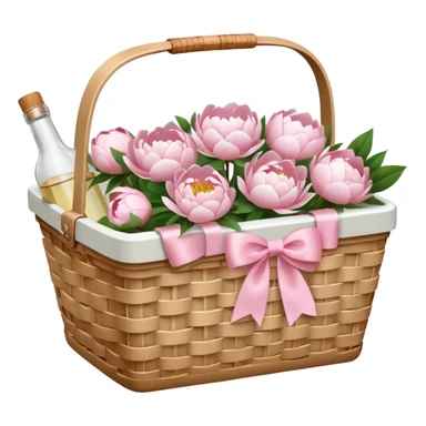 White Picnic basket with light pink bow and white peonies and a pink bottle inside sticker