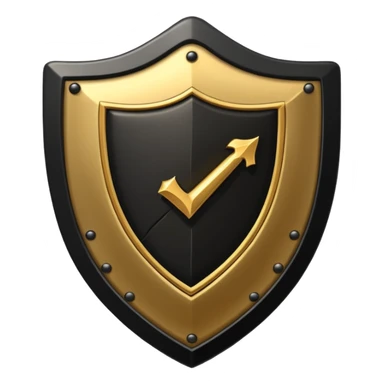 Black and gold emoji of a cracked shield reforming around a checklist with one strong tick, symbolising discipline rebuilt after failure, luxury minimal style, transparent background. sticker