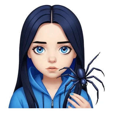 billie eilish, blue eyes, long black hair, dark eyeliner makeup, holding blue spider sticker
