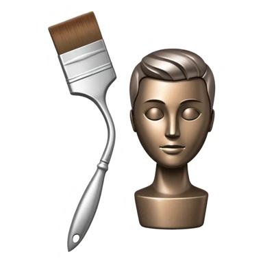 A paintbrush that transforms into a human metal silhouette sculpture, symbol of artistic identity, with a bronze or silver metallic finish sticker
