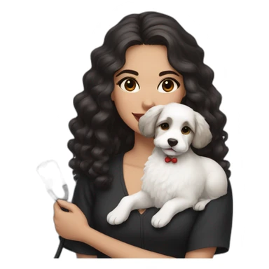 young moroccan woman with dark brown eyes, dark long curling hair, red lips, a black dress, a stethoscope and a white cotton of tulear dog on her laps sticker