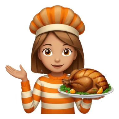 happy tan girl with an orange striped sweater and a cooked browned turkey on her head  sticker