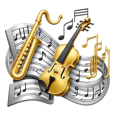 Create an elegant and artistic emoji that represents music arrangement and orchestration. The design should feature a conductor's baton, musical scores, and various orchestral instruments (e.g., violin, trumpet, electric guitar, synthesizer). Incorporate flowing lines to represent harmony and orchestral balance, along with a subtle representation of sheet music. Use rich, classical colors like gold, silver, or deep blue, and create an atmosphere of sophistication and precision. The background should be transparent. sticker