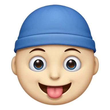 An emoji with a blue hat on its head and 1 blink and tongue sticking out sticker
