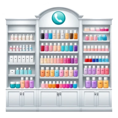 big beauty salon showcase with well-organized brand-labeled beauty products on a white shelves sticker