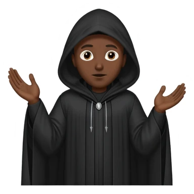 Black man wearing a long black robe with a tall pointed hood, face fully covered except for two small eye holes, standing confidently with hands gesturing in conversation. sticker