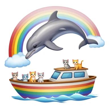 A dolphin jumping overa rainbow while a boat full of kittens passed through it  sticker