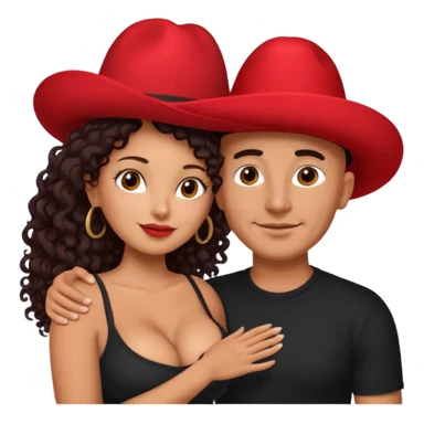 A picture of an embracing tanned couple. the man is a Mexican man with tanned skin, with a bald hair cut wearing a red hat and wearing a black shirt. the woman is mixed, with glasses,  with long curly dark brown hair and with big boobs. Remove the glasses from the guy sticker