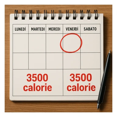 Hyperrealistic top-down view of a weekly calendar in Italian, showing days from Monday to Sunday. Friday is circled in red. Below both Saturday and Sunday, the text '3500 calorie' is in red and bold. The scene has 4K details and a desk atmosphere. sticker