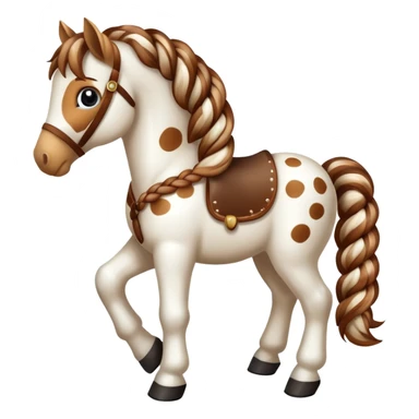 A spotted toy horse with braided mane and friendly expression sticker