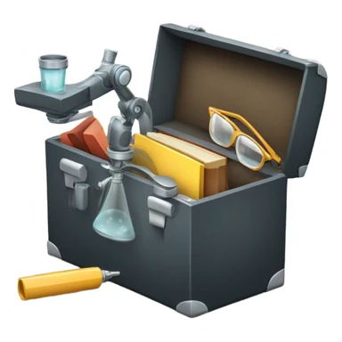 toolbox for scientist with a book, glasses, microscope sticker
