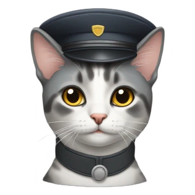full grey calico cat wearing a pilot hat sticker