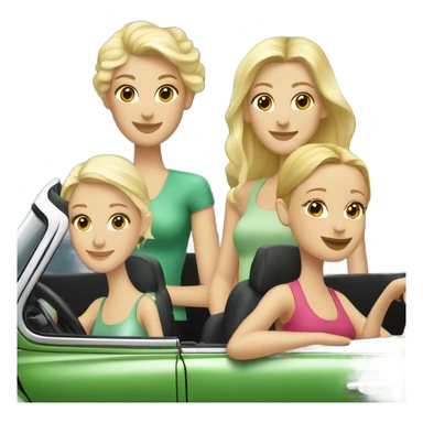 Two Caucasian blonde girls and two Caucasian brunette girls in a green VW beetle convertible sticker