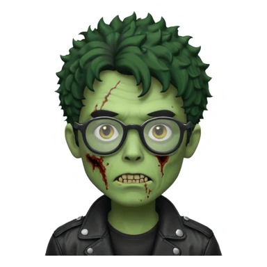Hombre zombie de piel verde con chaqueta de cuero punk, pelo rizado corto y gafas sticker