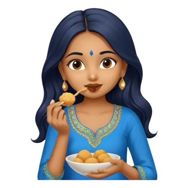 a pretty tan indian bratz girl. eyeliner on, wearing a blue kurti, eating golgappa. NO SPOON. wavy long black hair sticker