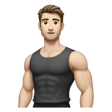 Confused Pale skinned Fit Man With the biceps and dark brown hair in black shirt, gray sports shorts and white Sneakers sticker
