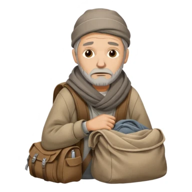 A homeless man wrapped in an old blanket, holding a backpack filled with his belongings, expression calm but weary.
 sticker
