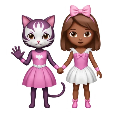 A spider-themed superhero character holding hands with a cute white cat character in a pink dress and a pink bow sticker