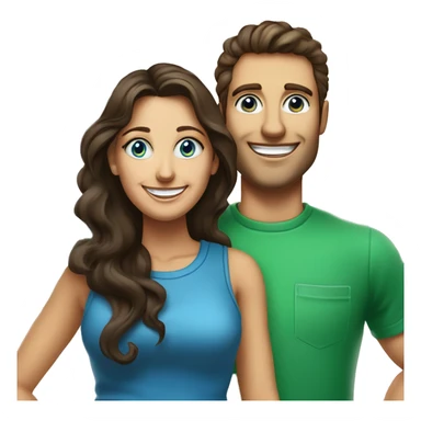 Woman with blue eyes and dark brown long wavy straight hair smiling standing next to a man with short but curly on top dark brown hair and blue/green colored together posing for a picture to put onto their flyer for their address curb painting service  sticker