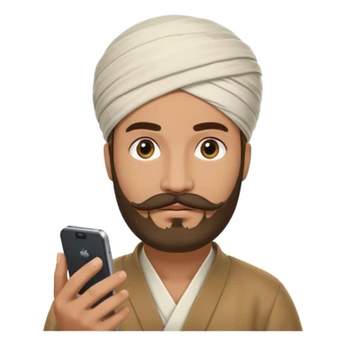A man wearing imama sharif (traditional turban), with a beard and moustache, using a smartphone. The man looks focused while using the mobile. Realistic emoji-style illustration with soft lighting and warm tone sticker