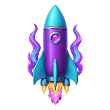 futuristic minimalistic glowing rocket icon, neon purple and cyan flame, dark sci-fi background, 1:1 aspect ratio, no face sticker