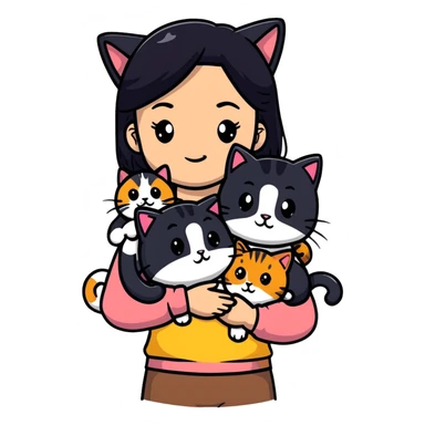 teenage girl with black hair with brown highlights with two cats that are tri-colored (black, orange, and white) sticker