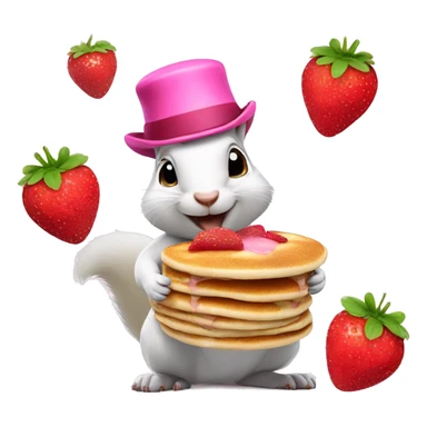 white squirrel wearing pink hat eating strawberry pancake sticker