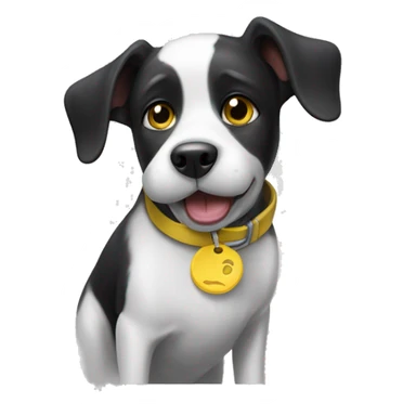 Black and white dog with one slightly floppy ear, and one year higher. She has a yellow collar with a round tag. Her mouth is closed. sticker