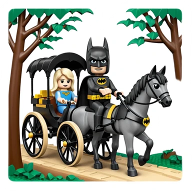  Ultra cute  Lego detailed 1854 Batman and pretty Catgirl driving a horse drawn family-size Caravan alone together on a romantic trail in the woods  sticker
