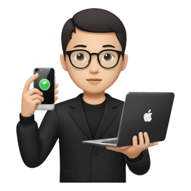 a asia man guy his 20s wearing an apple notebook, wearing bodyguard radio operator, round glasses, blAck clothes sticker