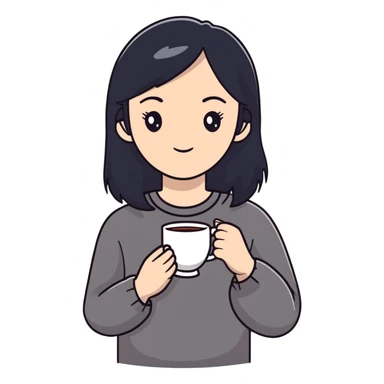 white girl with black hair, self care moment, holding a cup of tea, relaxed sticker