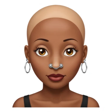 Grown black (proud) woman, bald with a perfect head, a prominent nose with a septum piercing, many piercings on her ears, a gap between her front teeth and very long nails sticker